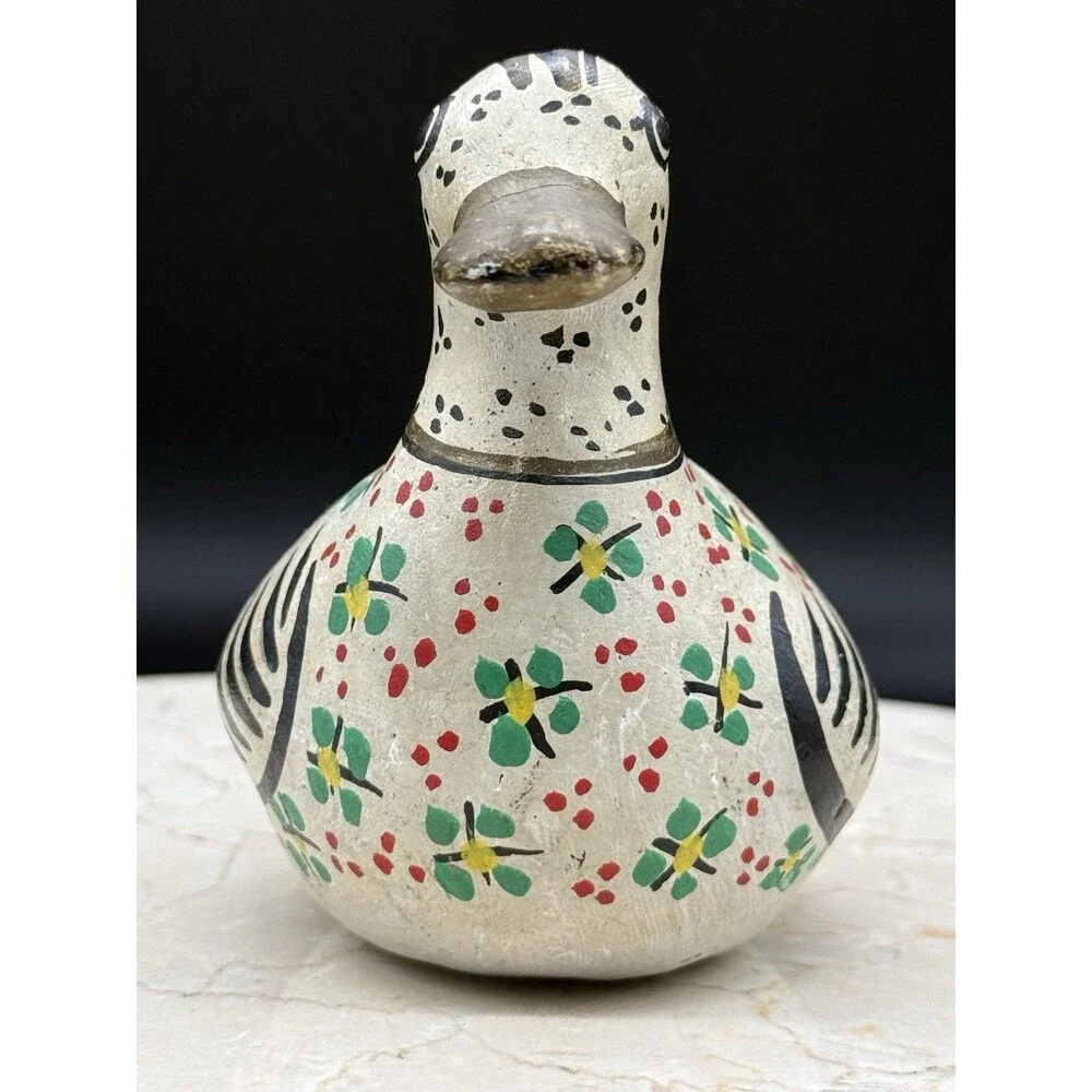 Vintage Mexican Wood Duck Hand Painted Floral Folk Art Carved Mexico Figurine